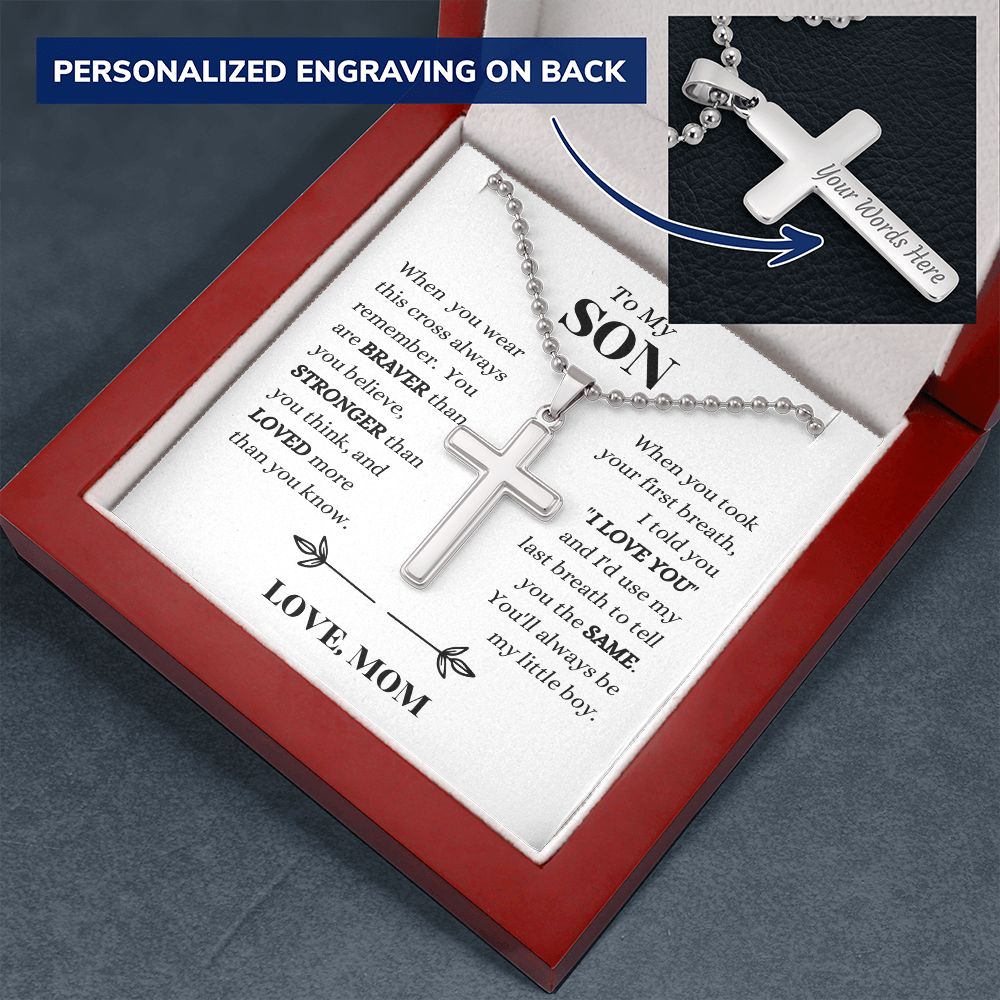 Mom - To My SON - Always Remember - Personalized Cross Necklace with Military Style Ball Chain -Son Gift from Mom  - Birthday Gift - Father's Day Gift from Mom - Grad Gift - Holiday Gift