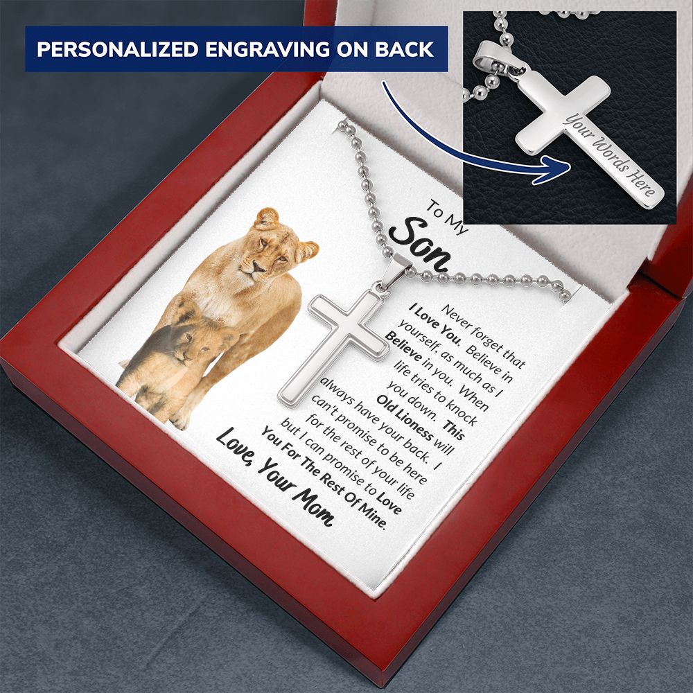 Mom - To My Son - I Love You - Personalized Cross Necklace with Military Style Ball Chain -Son Gift - Birthday - Father's Day Gift from Mom - Grad Gift - Holiday Gift
