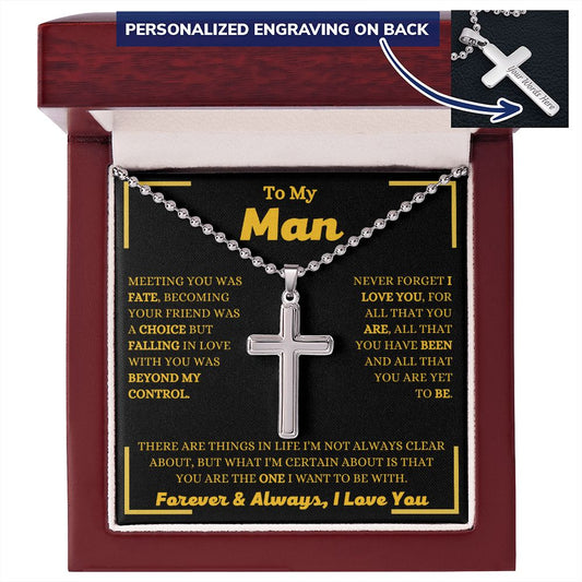To My Man - I Love You - Personalized Cross with Military Style Ball Chain - Romantic Gift for Him -Birthday Gift - Holiday Gift