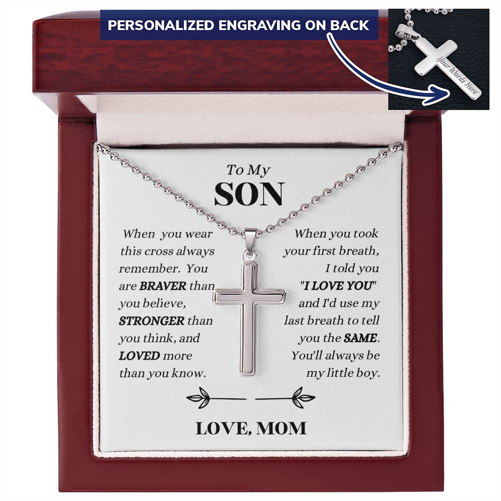 Mom - To My SON - Always Remember - Personalized Cross Necklace with Military Style Ball Chain -Son Gift from Mom  - Birthday Gift - Father's Day Gift from Mom - Grad Gift - Holiday Gift