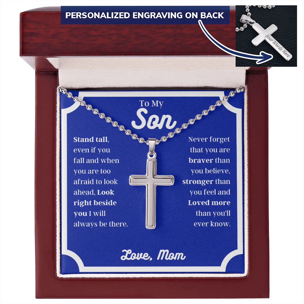 Mom - To My Son - Stand Tall - Personalized Cross Necklace with Military Style Ball Chain -Son Gift - Birthday - Father's Day Gift from Mom - Grad Gift - Holiday Gift