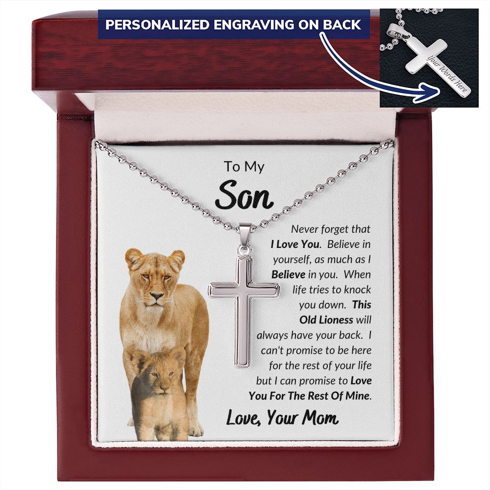 Mom - To My Son - I Love You - Personalized Cross Necklace with Military Style Ball Chain -Son Gift - Birthday - Father's Day Gift from Mom - Grad Gift - Holiday Gift