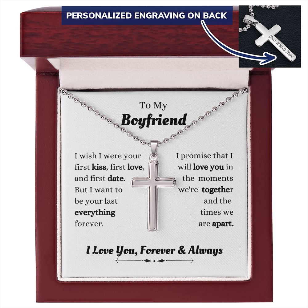 To My Boyfriend - I Promise That I - Personalized Cross Necklace with Military Style Ball Chain - Romantic Gift for Him - Birthday Gift - Holiday Gift