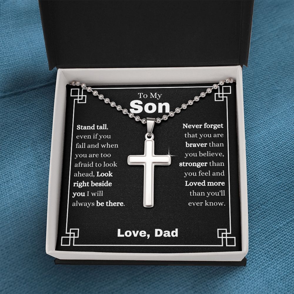 Dad - To My Son - Never Forget - Stainless Cross Necklace with Ball Chain - Son Gift - Birthday - Father's Day Gift from Dad - Grad Gift - Holiday Gift