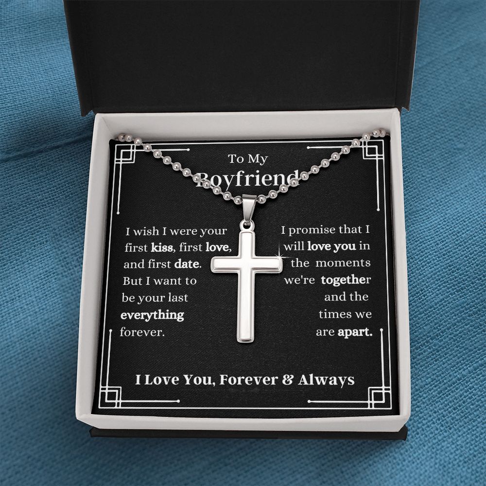 To My Boyfriend - I Wish I -  Stainless Cross Necklace with Ball Chain - Boyfriend Gift - Romantic Gift for Him - Birthday Gift - Holiday Gift