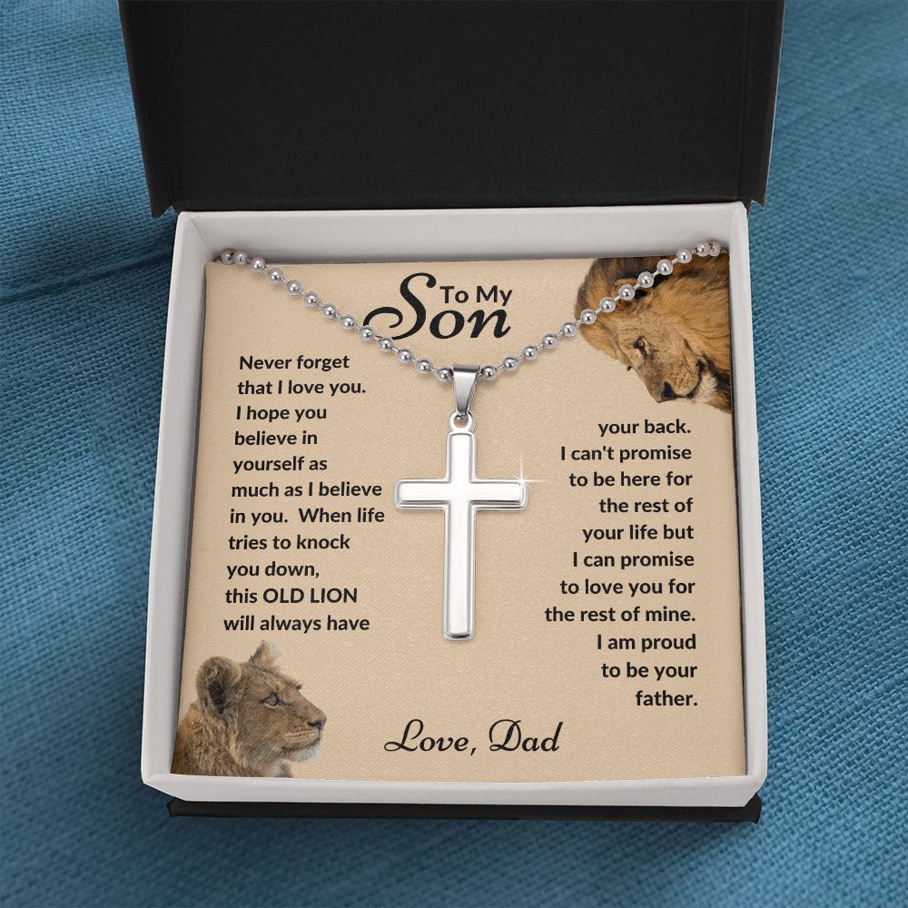 Dad - To My Son - This Old Lion - Stainless Cross Necklace with Ball Chain - Son Gift - Birthday - Father's Day Gift from Dad - Grad Gift - Holiday Gift