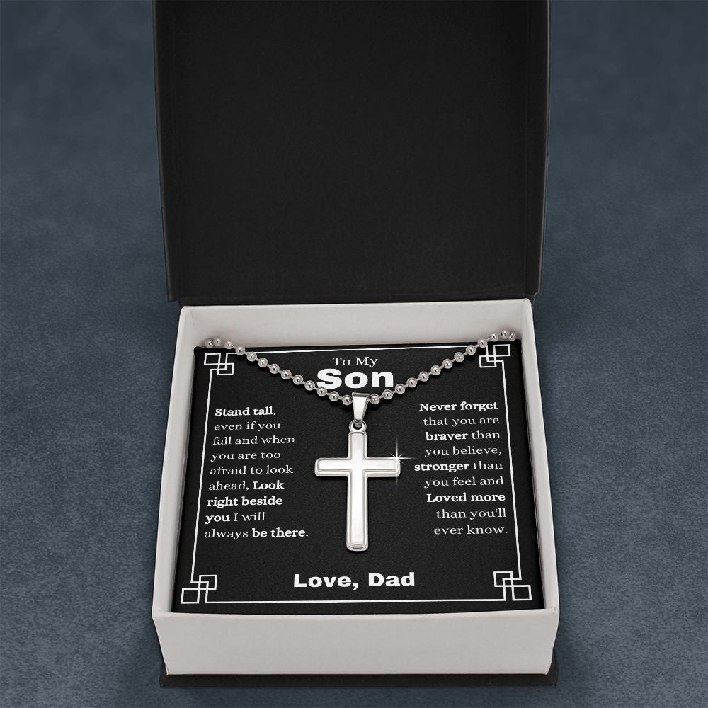 Dad - To My Son - Never Forget - Stainless Cross Necklace with Ball Chain - Son Gift - Birthday - Father's Day Gift from Dad - Grad Gift - Holiday Gift
