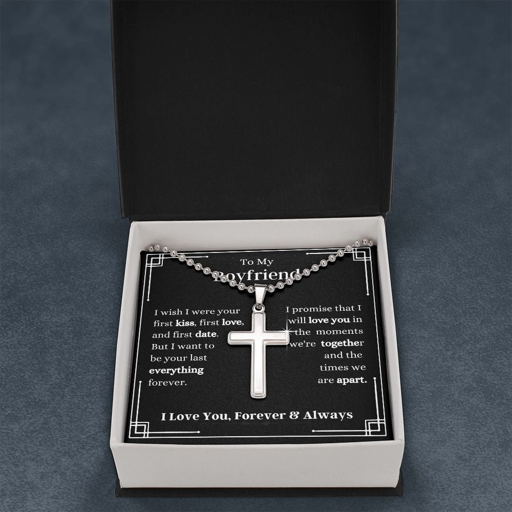 To My Boyfriend - I Wish I -  Stainless Cross Necklace with Ball Chain - Boyfriend Gift - Romantic Gift for Him - Birthday Gift - Holiday Gift