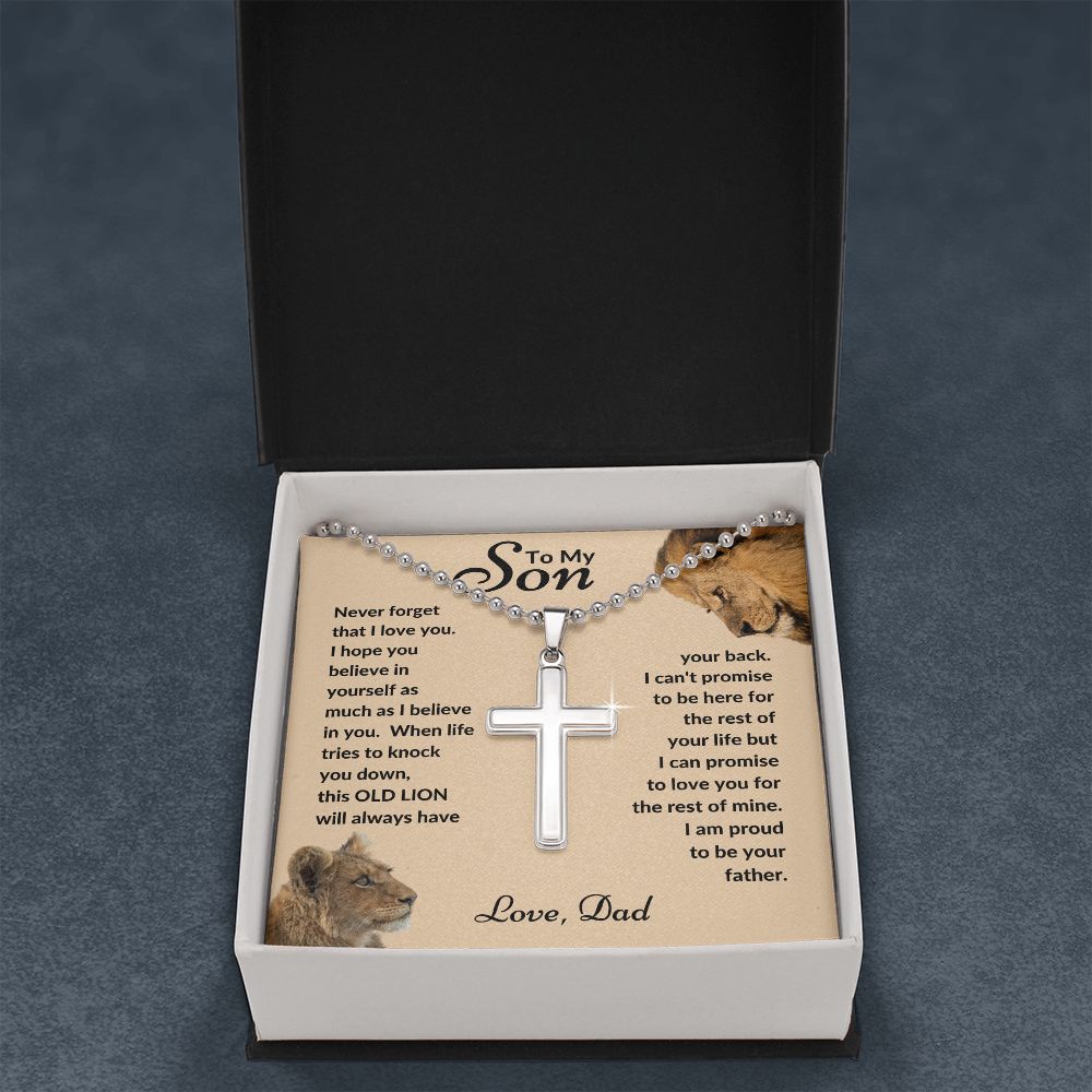 Dad - To My Son - This Old Lion - Stainless Cross Necklace with Ball Chain - Son Gift - Birthday - Father's Day Gift from Dad - Grad Gift - Holiday Gift