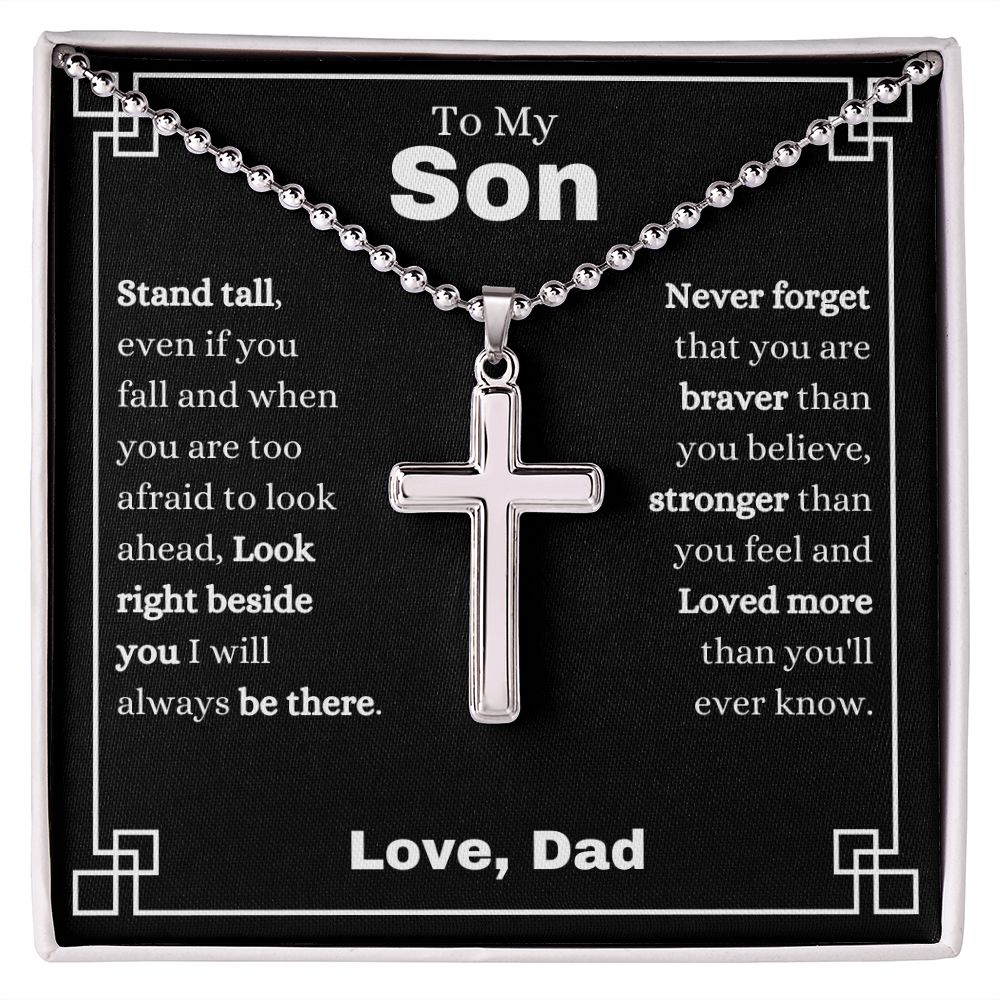 Dad - To My Son - Never Forget - Stainless Cross Necklace with Ball Chain - Son Gift - Birthday - Father's Day Gift from Dad - Grad Gift - Holiday Gift