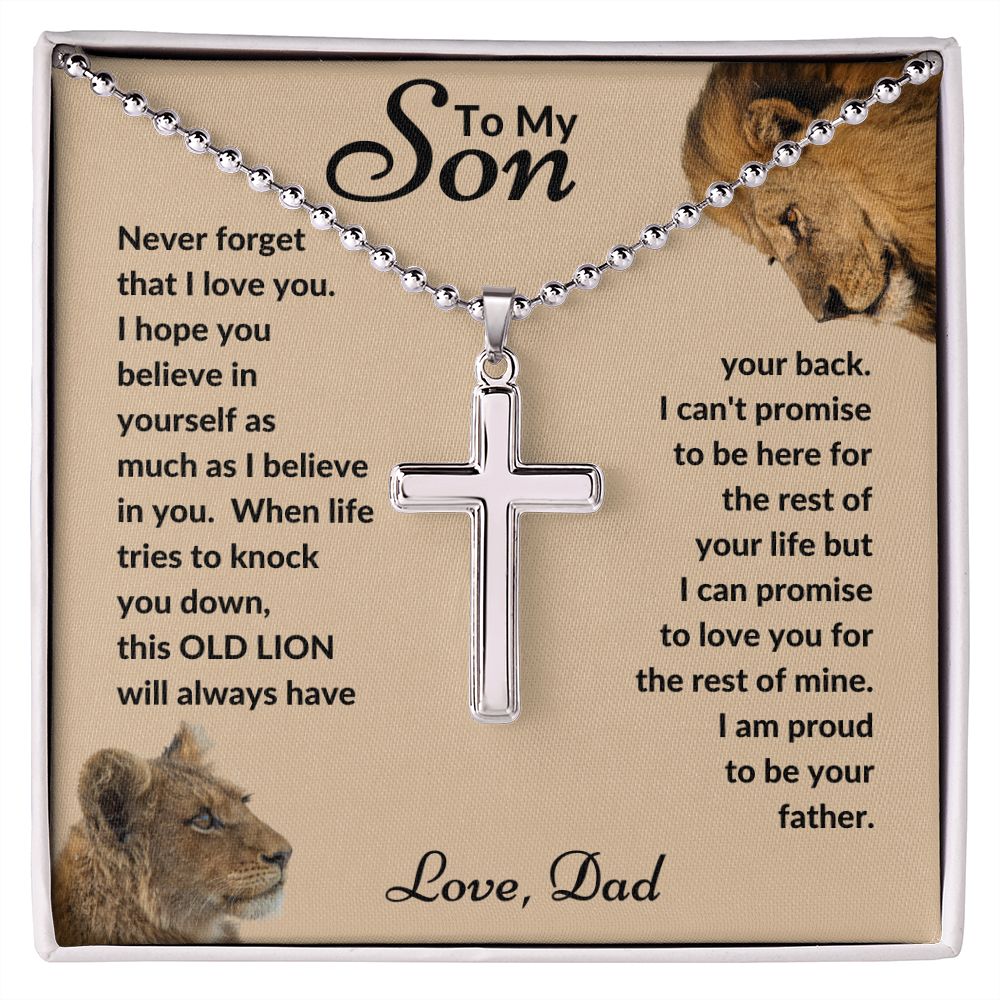 Dad - To My Son - This Old Lion - Stainless Cross Necklace with Ball Chain - Son Gift - Birthday - Father's Day Gift from Dad - Grad Gift - Holiday Gift