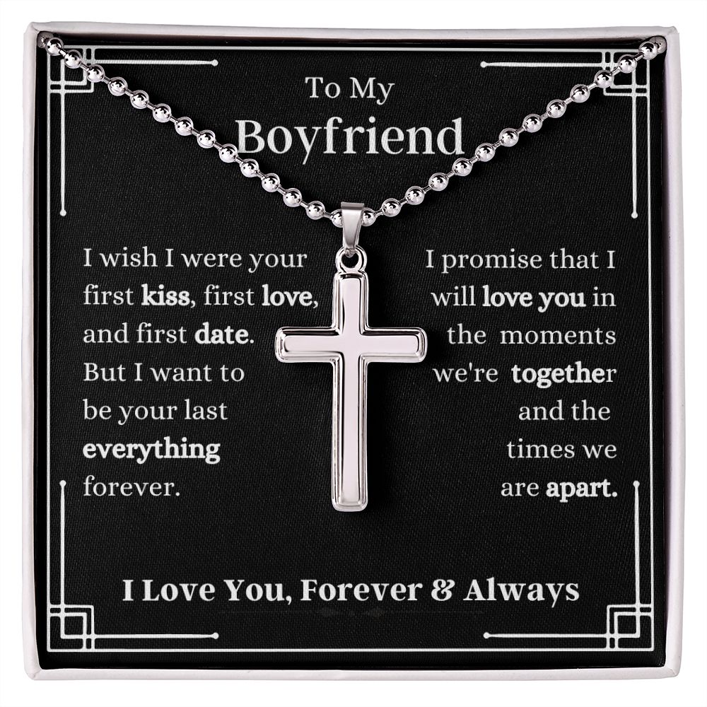 To My Boyfriend - I Wish I -  Stainless Cross Necklace with Ball Chain - Boyfriend Gift - Romantic Gift for Him - Birthday Gift - Holiday Gift