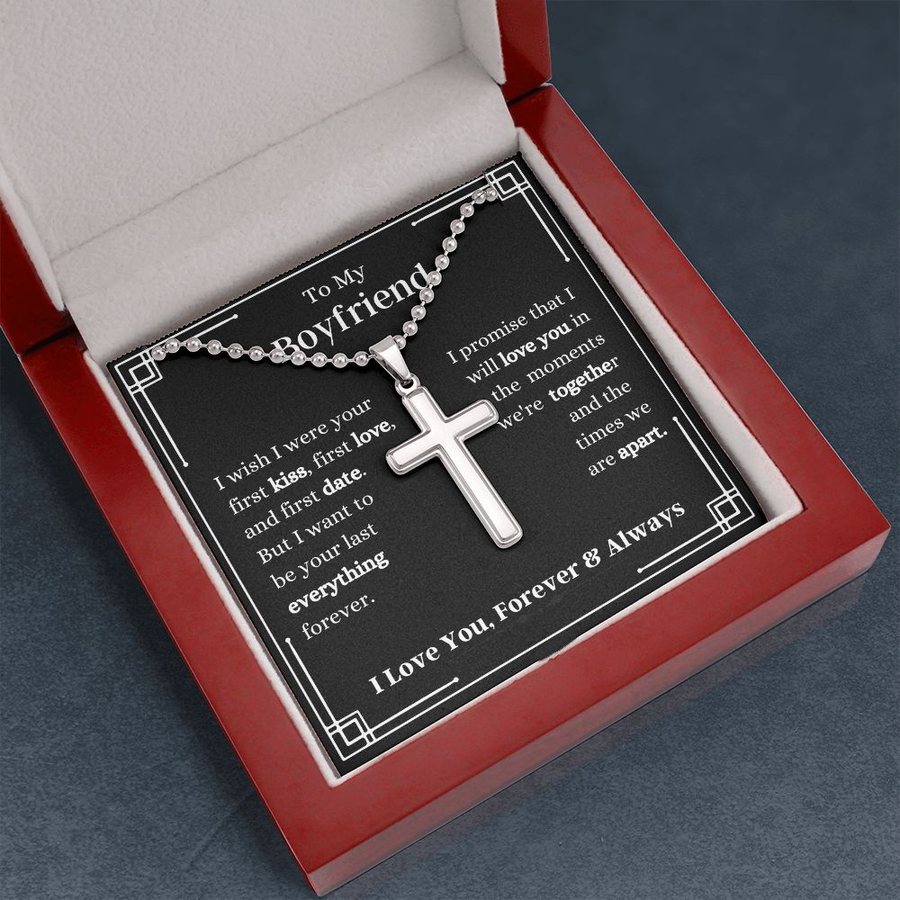 To My Boyfriend - I Wish I -  Stainless Cross Necklace with Ball Chain - Boyfriend Gift - Romantic Gift for Him - Birthday Gift - Holiday Gift