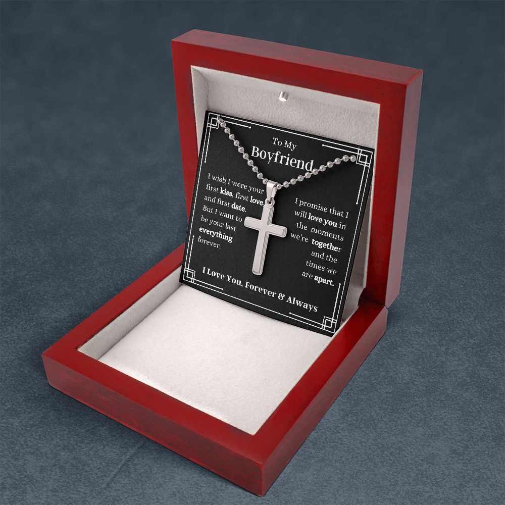 To My Boyfriend - I Wish I -  Stainless Cross Necklace with Ball Chain - Boyfriend Gift - Romantic Gift for Him - Birthday Gift - Holiday Gift