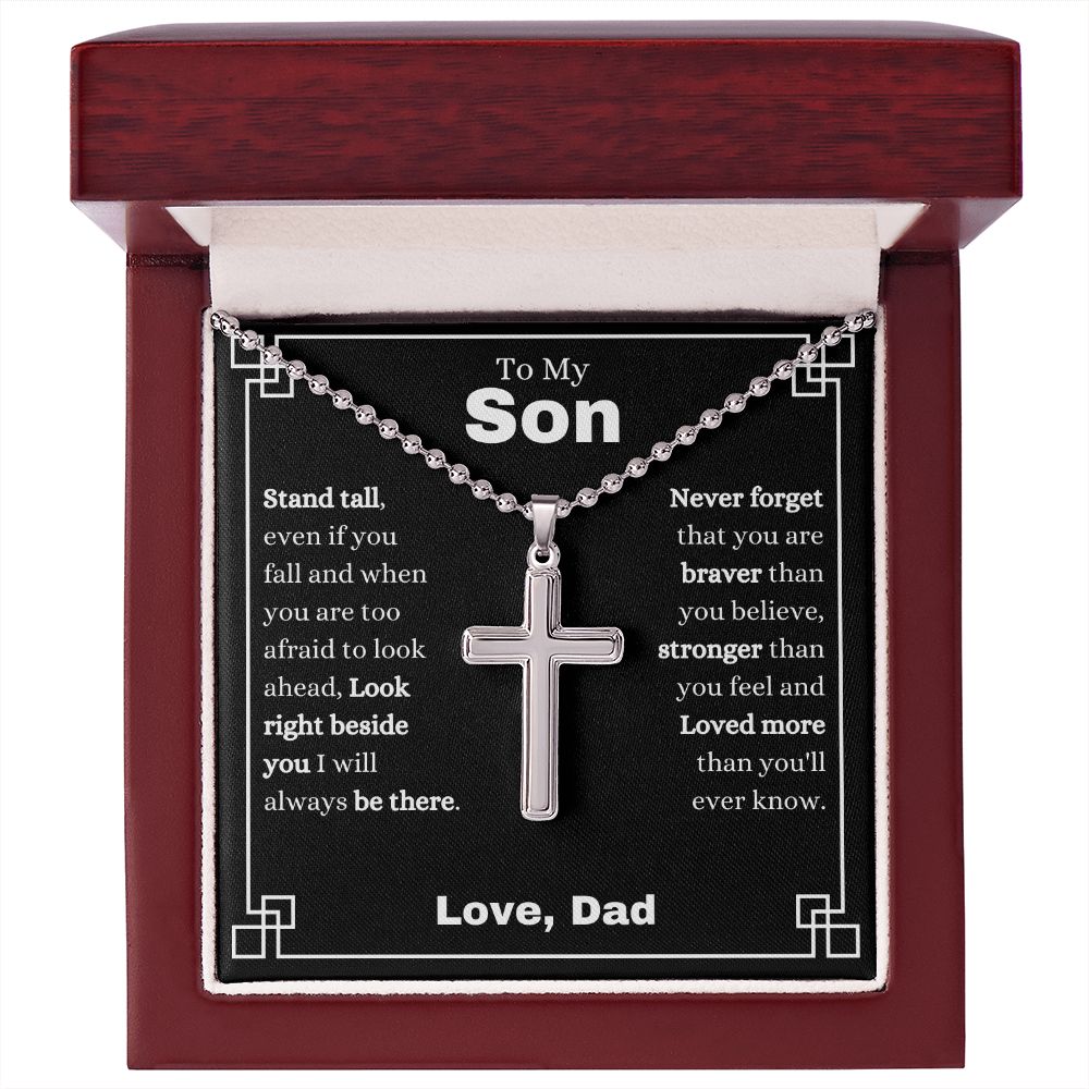 Dad - To My Son - Never Forget - Stainless Cross Necklace with Ball Chain - Son Gift - Birthday - Father's Day Gift from Dad - Grad Gift - Holiday Gift