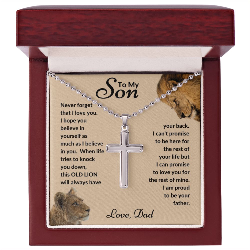 Dad - To My Son - This Old Lion - Stainless Cross Necklace with Ball Chain - Son Gift - Birthday - Father's Day Gift from Dad - Grad Gift - Holiday Gift