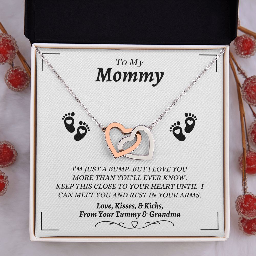 From Your Tummy & Grandma - To My Mommy - I Love You - Interlocking Hearts Necklace - From Grandma For Baby's Mommy Gift