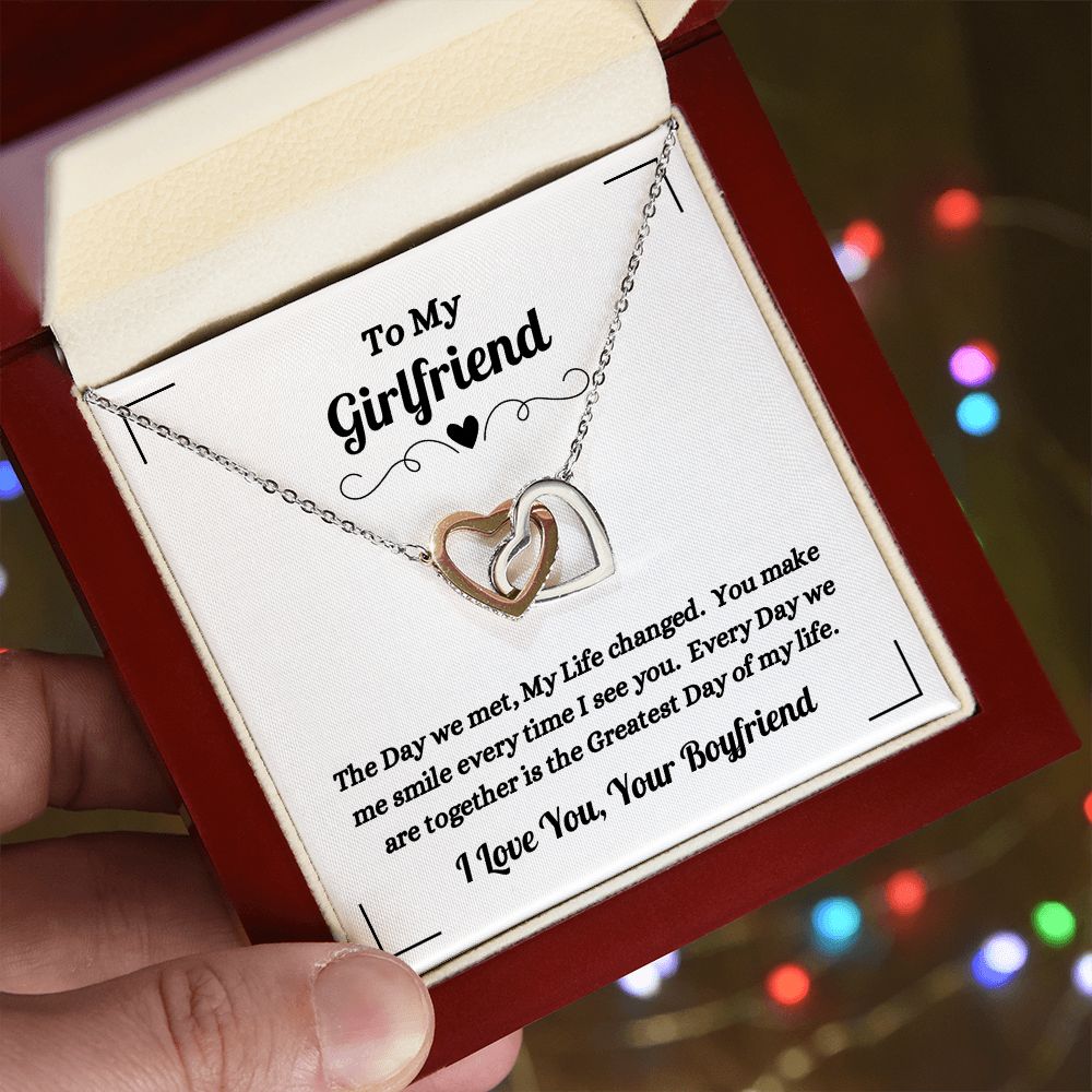 Boyfriend - To My Girlfriend - The Day We Met - Interlocking Hearts Necklace - Gift for Girlfriend - Birthday Gift - Christmas Gift