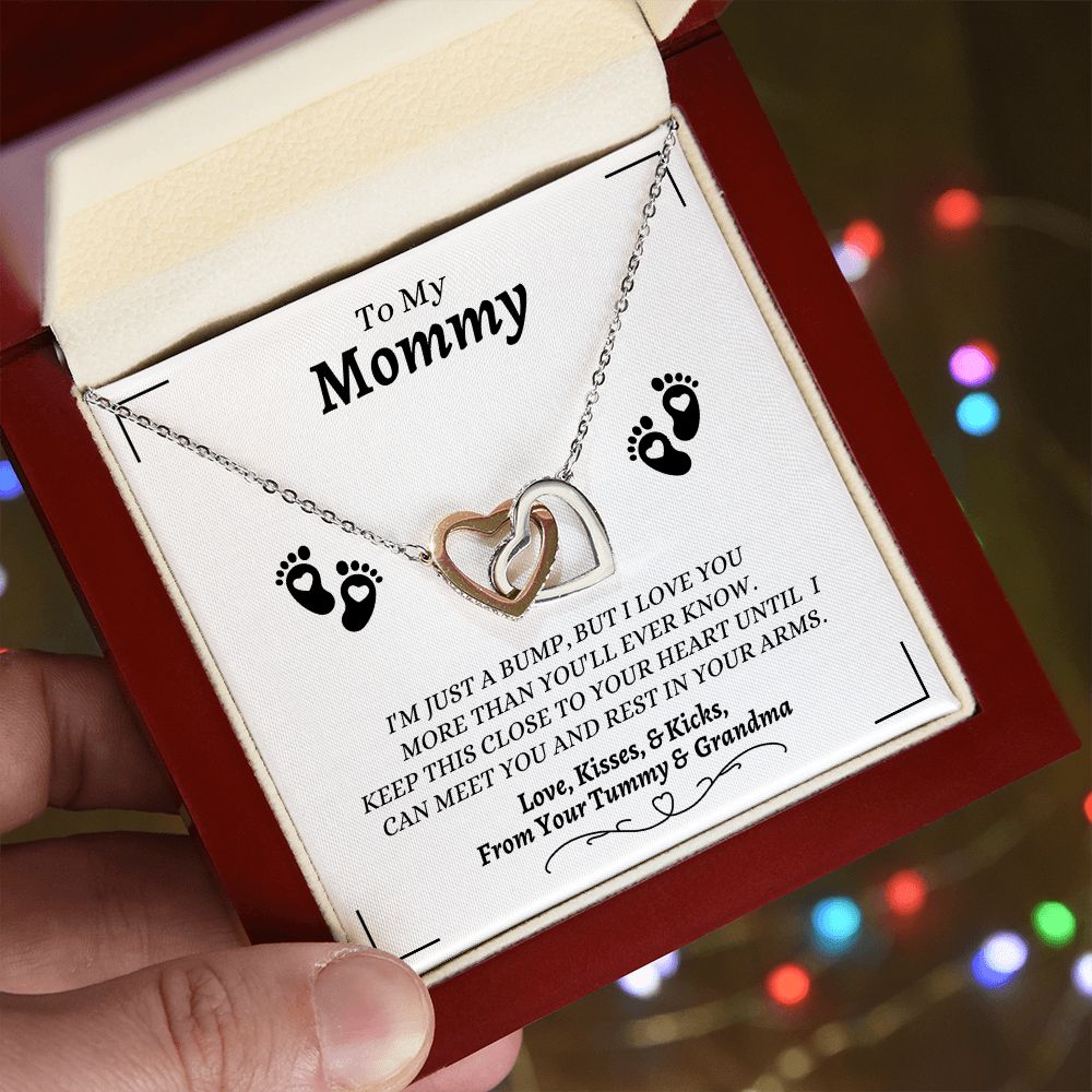 From Your Tummy & Grandma - To My Mommy - I Love You - Interlocking Hearts Necklace - From Grandma For Baby's Mommy Gift