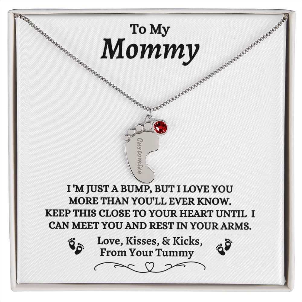 To My Mommy - I'm Just A  Bump - Engraved Baby Feet Necklace with Birthstone - Mom To Be Gift - Baby Shower Gift - Expectant Mother Gift From Family & Friends