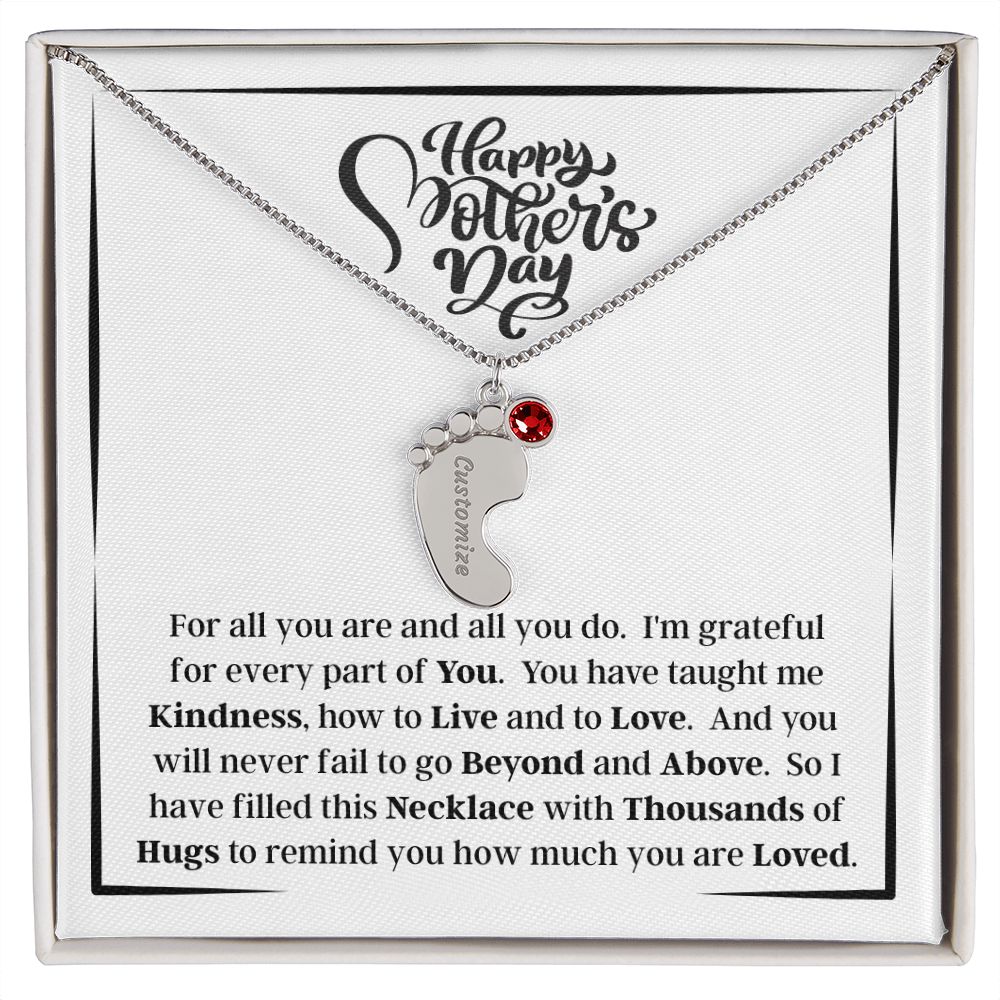 Happy Mother's Day - How Much You Are Loved - Engraved Baby Feet Necklace with Birthstone - Gift for Mom