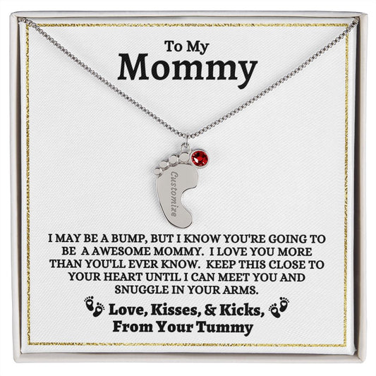To My Mommy - I May Be A Bump - Engraved Baby Feet Necklace with Birthstone - Mother's Day Gift - Baby Shower Gift - Expectant Mother Gift From Family & Friends - New Mom Gift