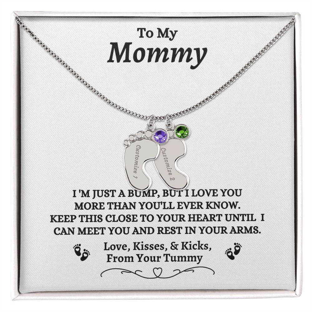 To My Mommy - I'm Just A  Bump - Engraved Baby Feet Necklace with Birthstone - Mom To Be Gift - Baby Shower Gift - Expectant Mother Gift From Family & Friends