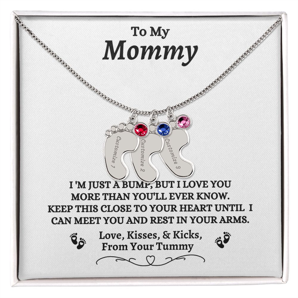 To My Mommy - I'm Just A  Bump - Engraved Baby Feet Necklace with Birthstone - Mom To Be Gift - Baby Shower Gift - Expectant Mother Gift From Family & Friends