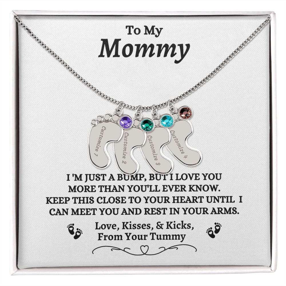 To My Mommy - I'm Just A  Bump - Engraved Baby Feet Necklace with Birthstone - Mom To Be Gift - Baby Shower Gift - Expectant Mother Gift From Family & Friends