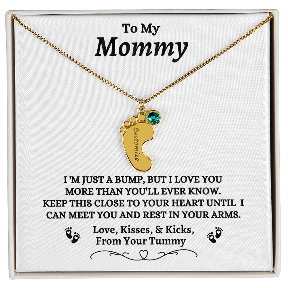 To My Mommy - I'm Just A  Bump - Engraved Baby Feet Necklace with Birthstone - Mom To Be Gift - Baby Shower Gift - Expectant Mother Gift From Family & Friends