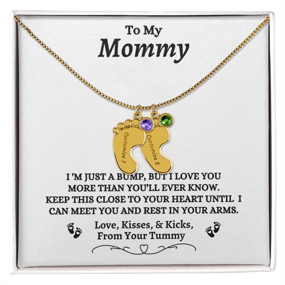 To My Mommy - I'm Just A  Bump - Engraved Baby Feet Necklace with Birthstone - Mom To Be Gift - Baby Shower Gift - Expectant Mother Gift From Family & Friends