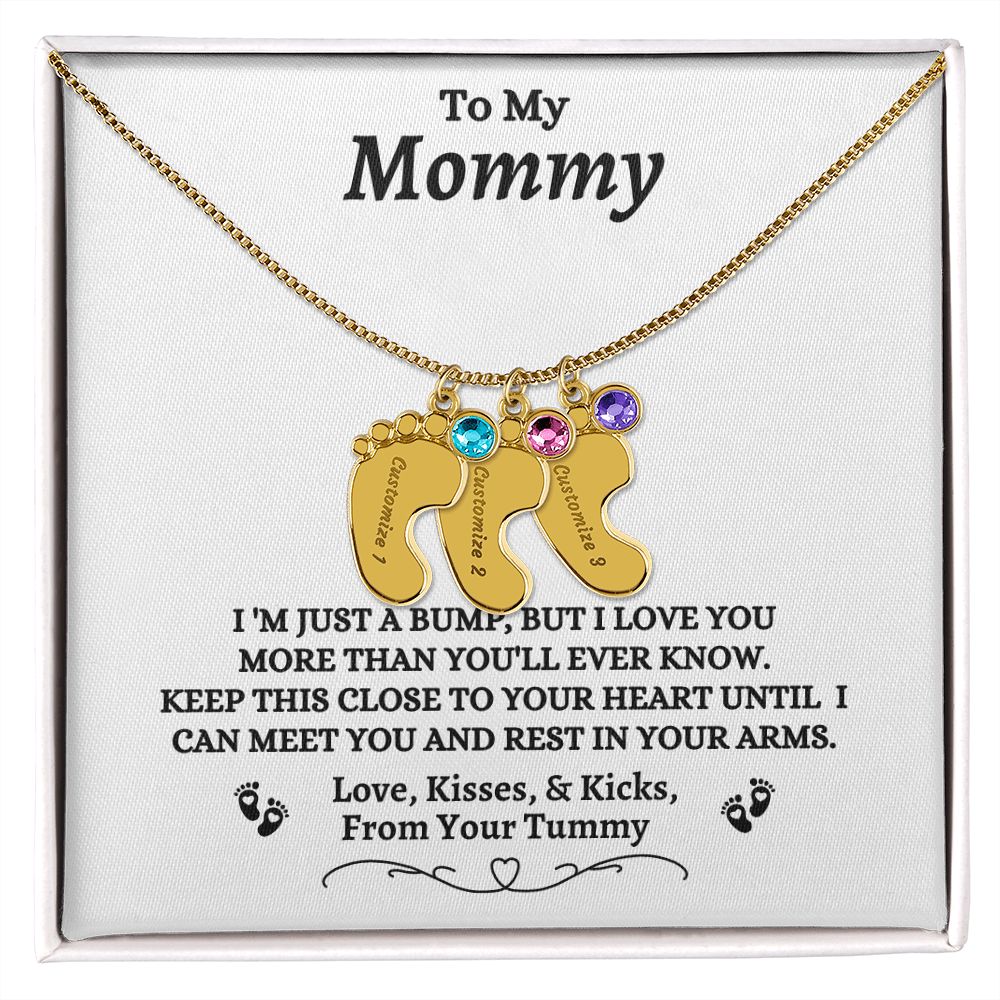 To My Mommy - I'm Just A  Bump - Engraved Baby Feet Necklace with Birthstone - Mom To Be Gift - Baby Shower Gift - Expectant Mother Gift From Family & Friends