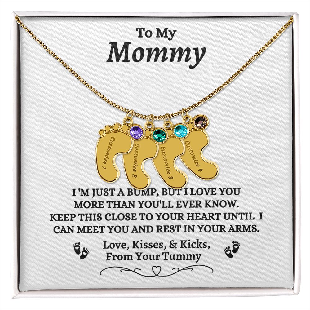 To My Mommy - I'm Just A  Bump - Engraved Baby Feet Necklace with Birthstone - Mom To Be Gift - Baby Shower Gift - Expectant Mother Gift From Family & Friends