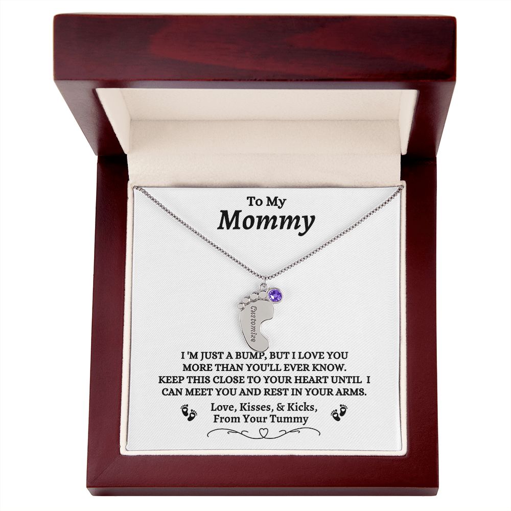 To My Mommy - I'm Just A  Bump - Engraved Baby Feet Necklace with Birthstone - Mom To Be Gift - Baby Shower Gift - Expectant Mother Gift From Family & Friends