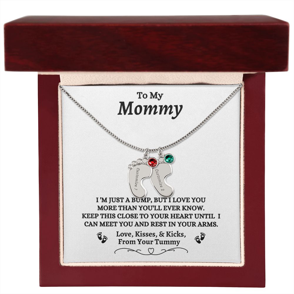To My Mommy - I'm Just A  Bump - Engraved Baby Feet Necklace with Birthstone - Mom To Be Gift - Baby Shower Gift - Expectant Mother Gift From Family & Friends