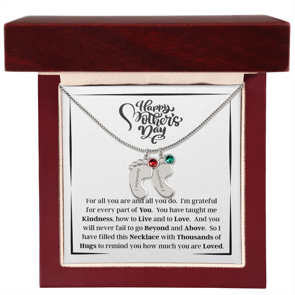 Happy Mother's Day - How Much You Are Loved - Engraved Baby Feet Necklace with Birthstone - Gift for Mom