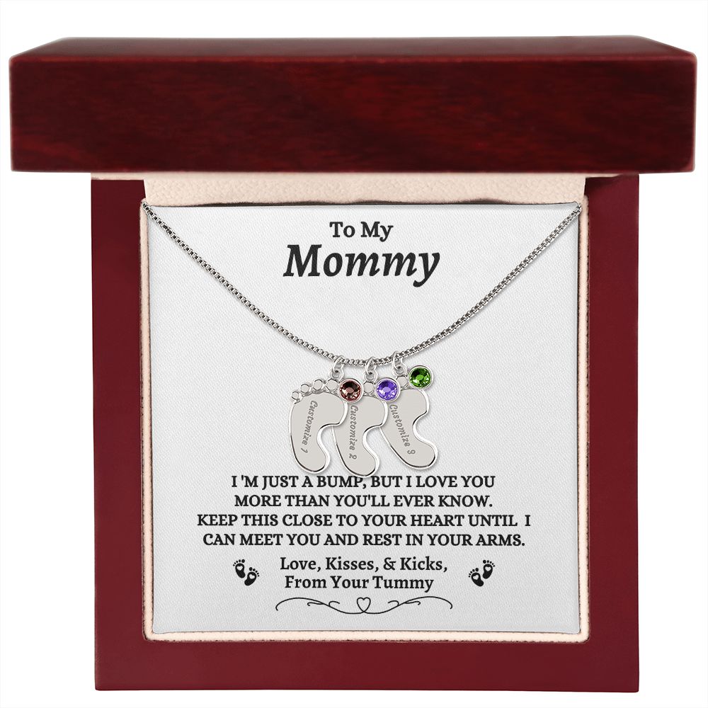 To My Mommy - I'm Just A  Bump - Engraved Baby Feet Necklace with Birthstone - Mom To Be Gift - Baby Shower Gift - Expectant Mother Gift From Family & Friends