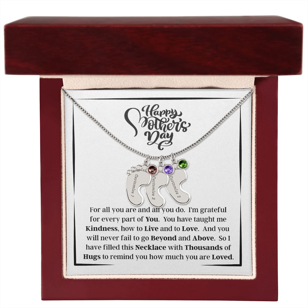Happy Mother's Day - How Much You Are Loved - Engraved Baby Feet Necklace with Birthstone - Gift for Mom