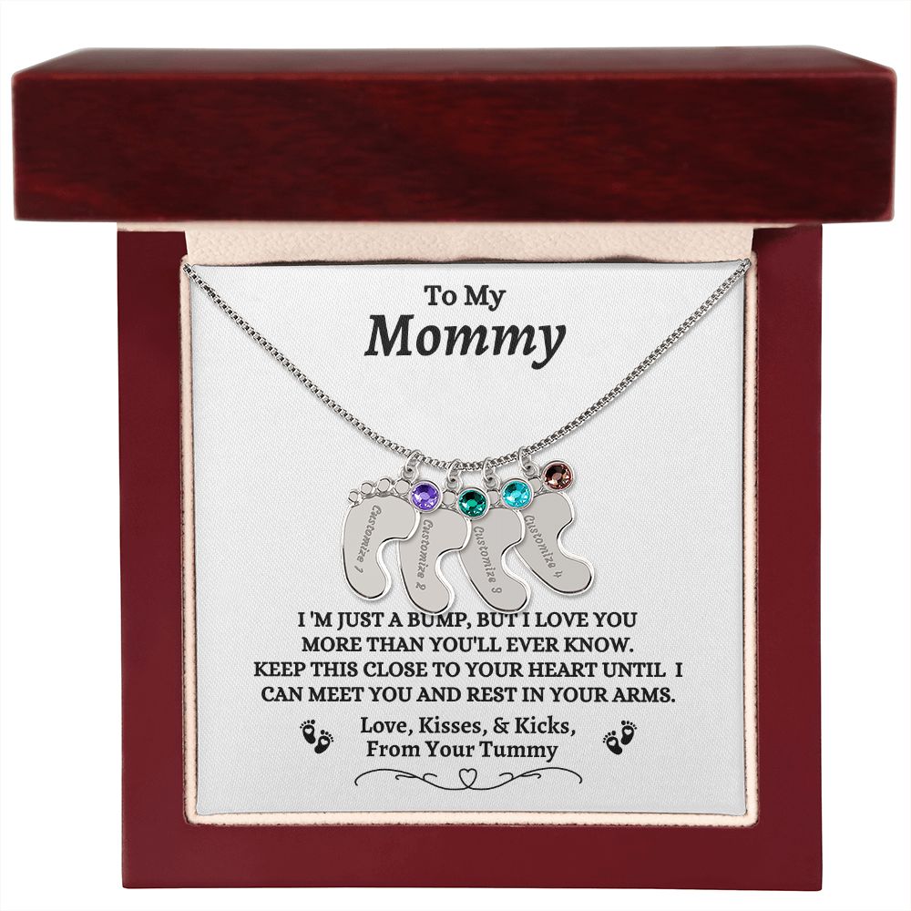 To My Mommy - I'm Just A  Bump - Engraved Baby Feet Necklace with Birthstone - Mom To Be Gift - Baby Shower Gift - Expectant Mother Gift From Family & Friends