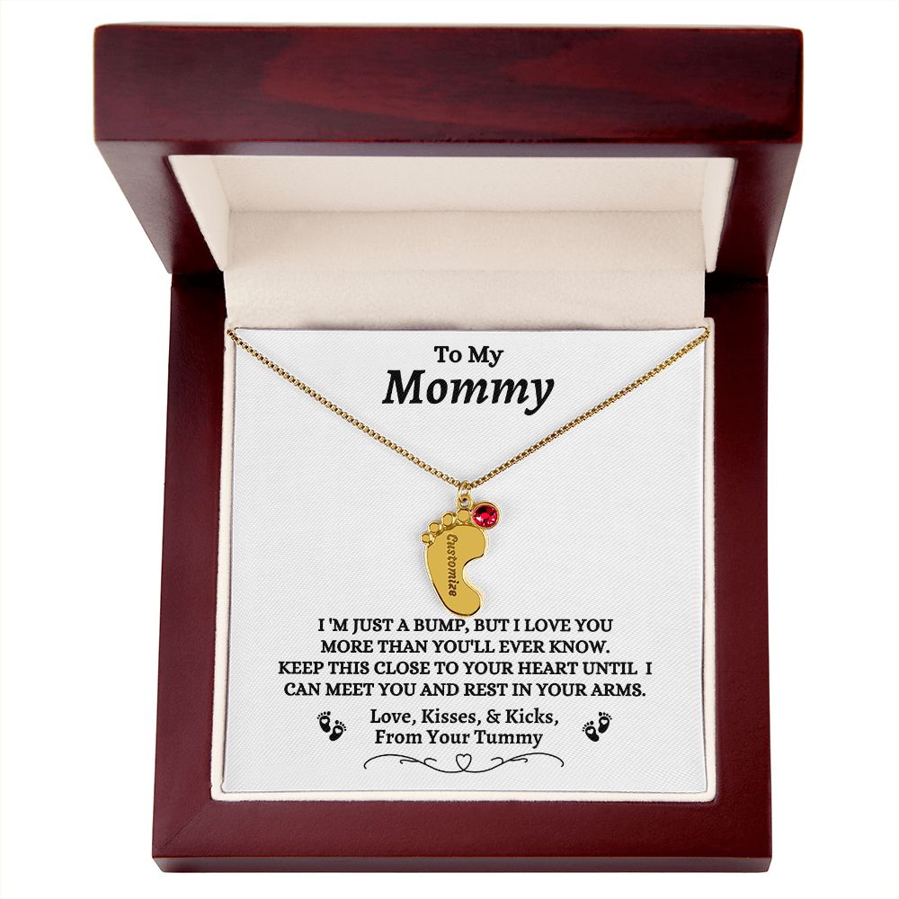 To My Mommy - I'm Just A  Bump - Engraved Baby Feet Necklace with Birthstone - Mom To Be Gift - Baby Shower Gift - Expectant Mother Gift From Family & Friends