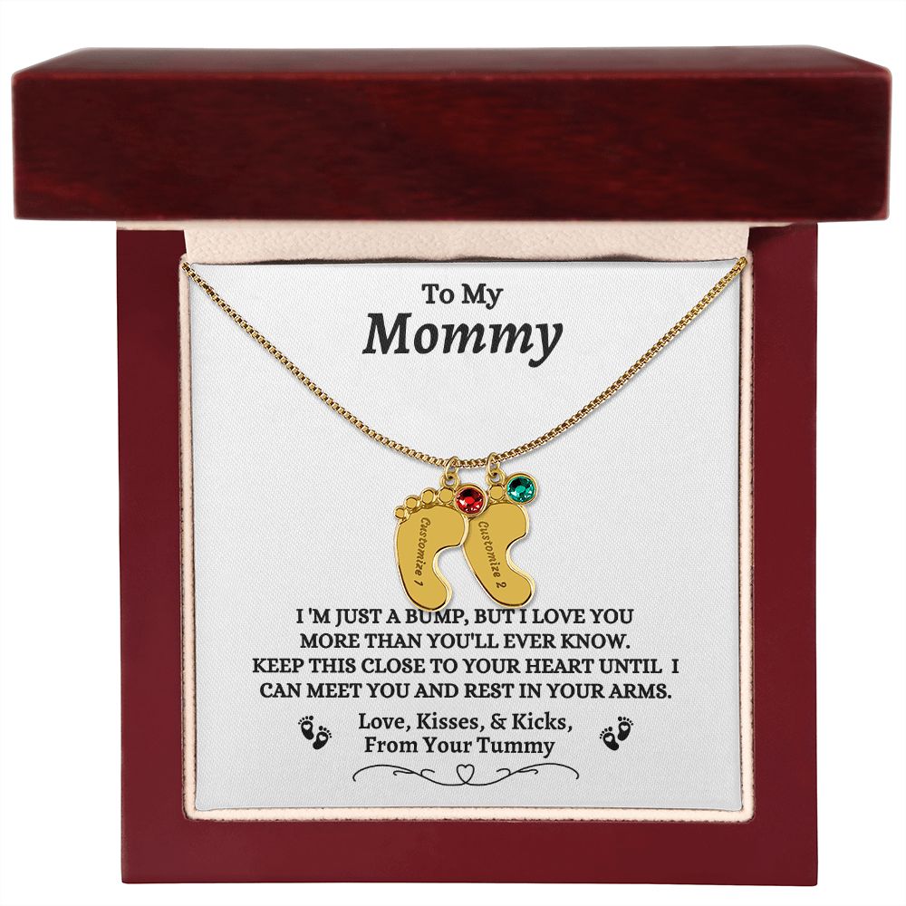 To My Mommy - I'm Just A  Bump - Engraved Baby Feet Necklace with Birthstone - Mom To Be Gift - Baby Shower Gift - Expectant Mother Gift From Family & Friends