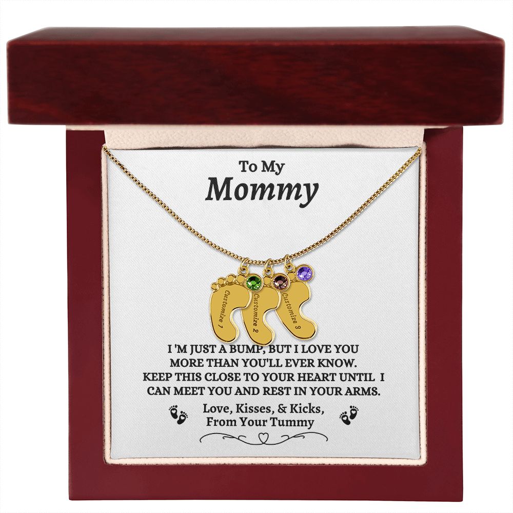 To My Mommy - I'm Just A  Bump - Engraved Baby Feet Necklace with Birthstone - Mom To Be Gift - Baby Shower Gift - Expectant Mother Gift From Family & Friends