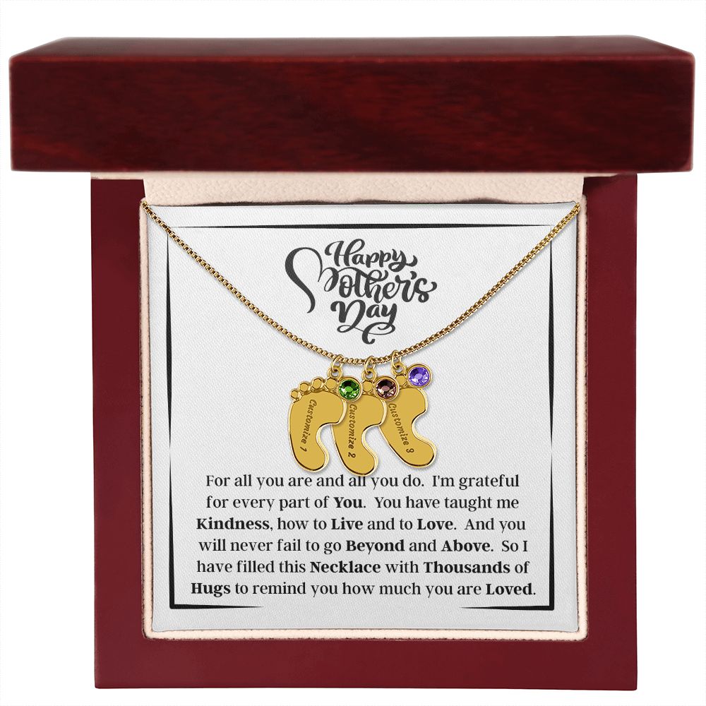 Happy Mother's Day - How Much You Are Loved - Engraved Baby Feet Necklace with Birthstone - Gift for Mom